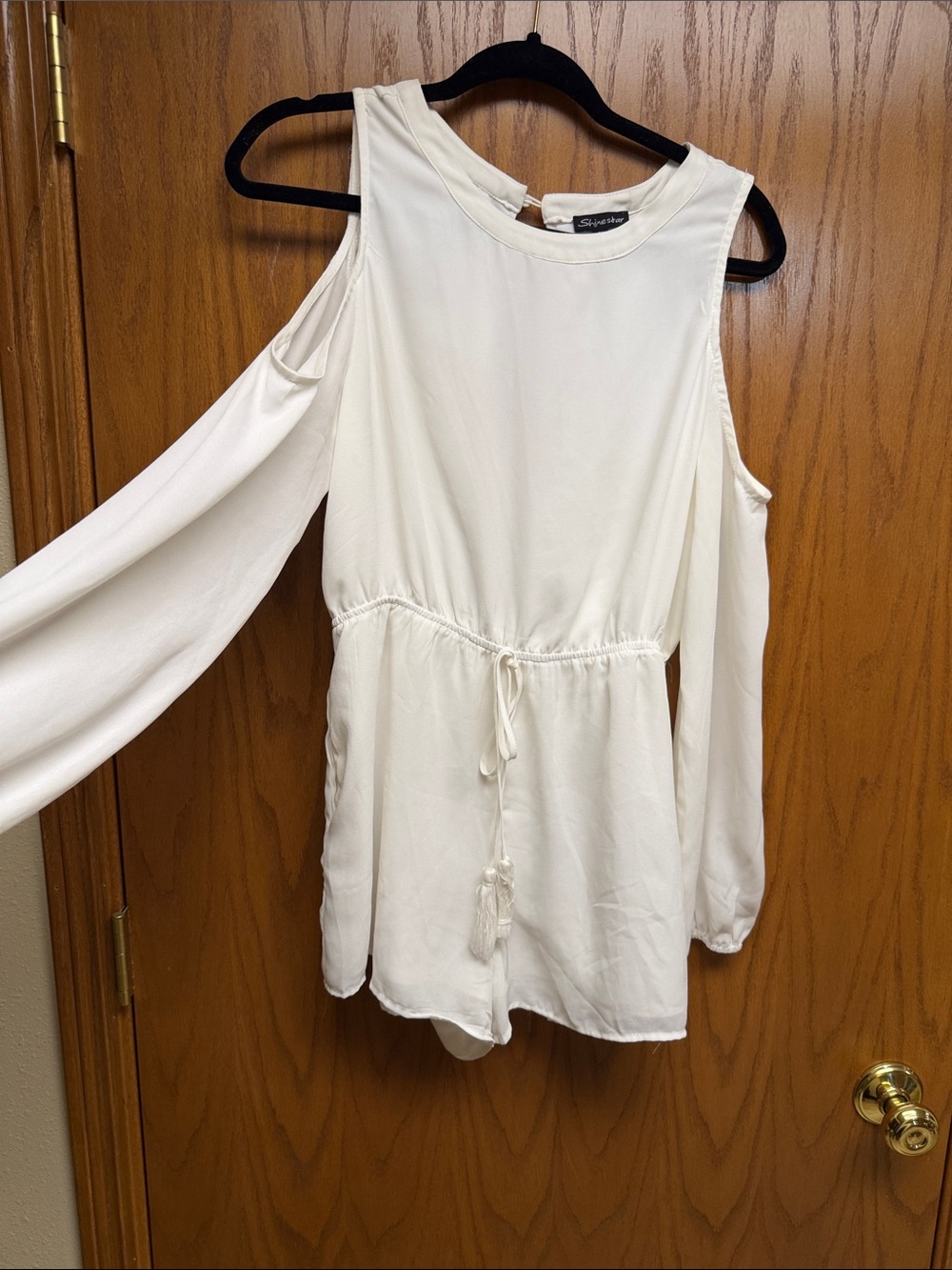 Shinestar Cream Cold-Shoulder Drawstring Romper